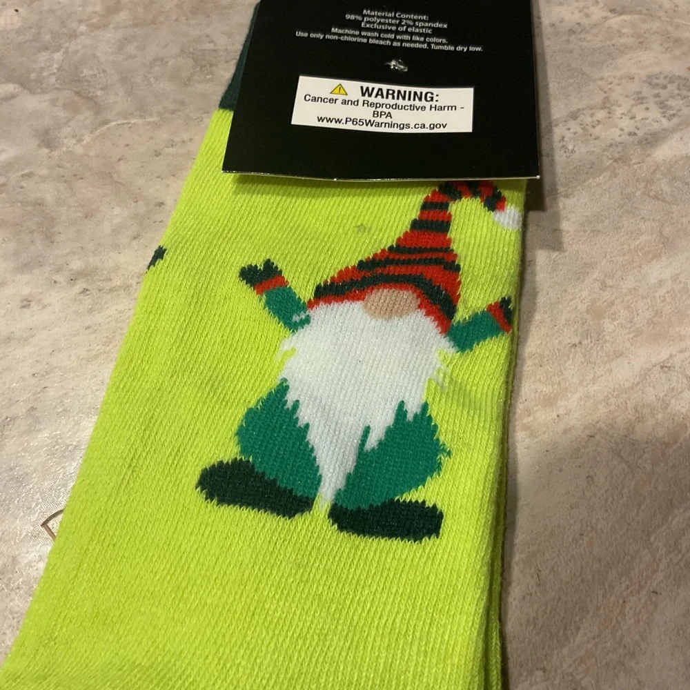 The Christmas Shoppe Gnome Socks green striped adult size